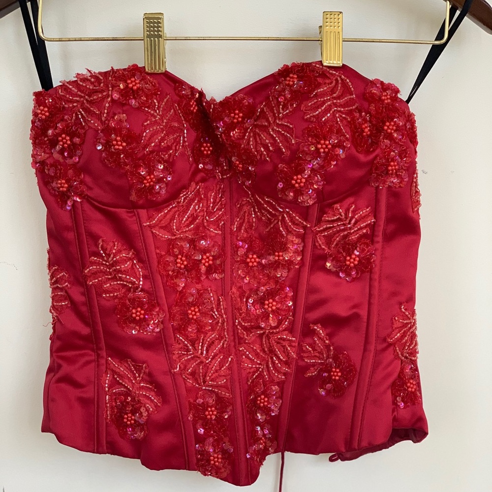 Custom Handmade Red Satin Gown - Fine Beaded Lace